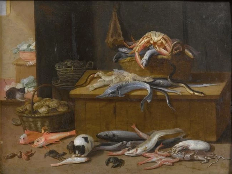 Natura morta con creature marine e gatto - attribuito